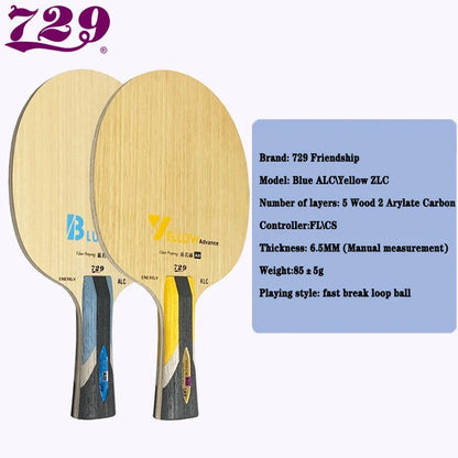 Original 729 Friendship Yellow ALC Table Tennis Blade 5 Wood 2 Arylate Carbon Professional Ping Pong Blade Blue ALC Offensive