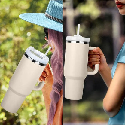 Tumbler with Handle Lid Straw 40oz Stainless Steel Water Bottle Vacuum Thermos Cup Travel Car Thermal Coffee Mug Cap Sport