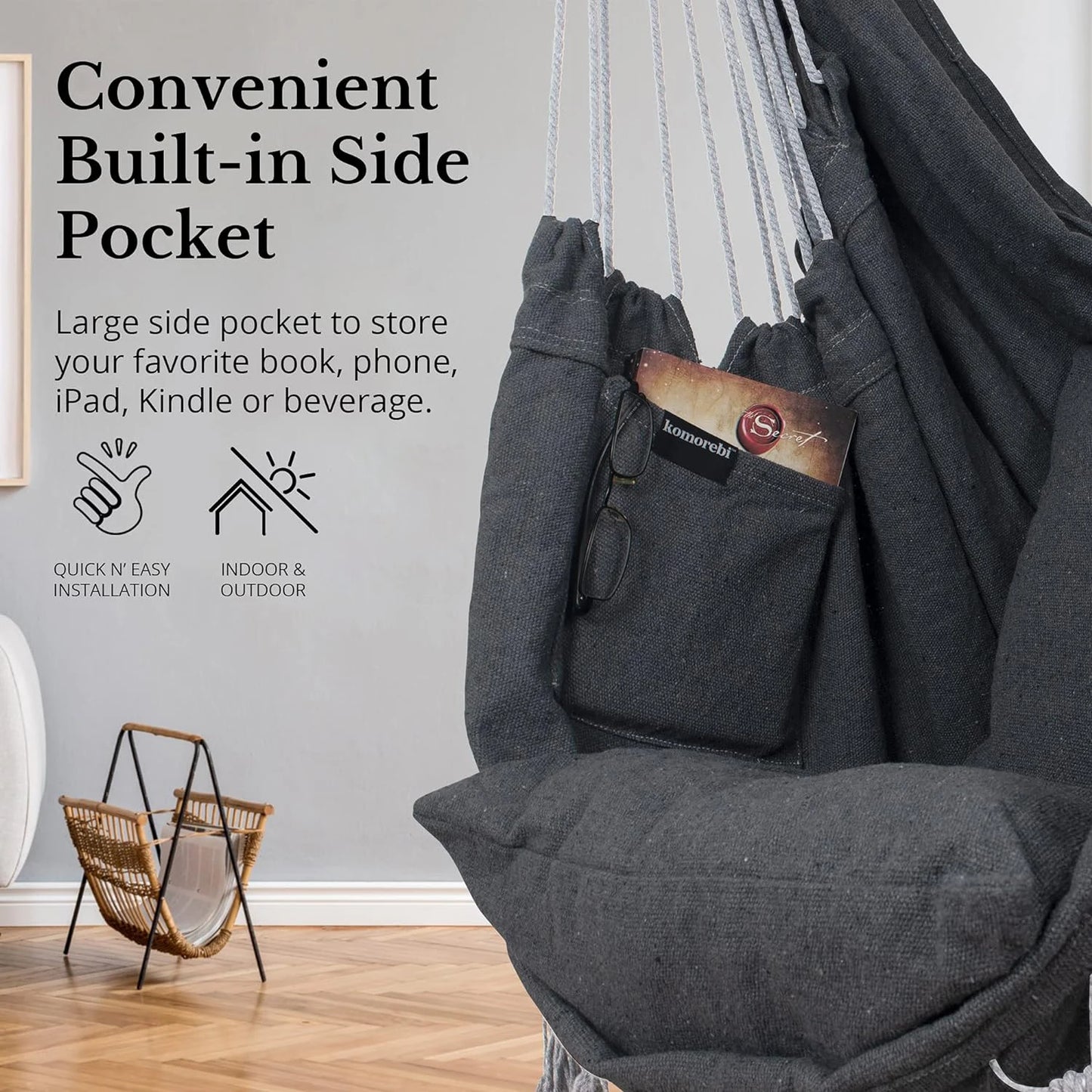 Hammock Chair Hanging Rope Swing, Max 500 Lbs, 2 Cushions Included, Large Macrame Hanging Chair with Pocket, Cotton Weave