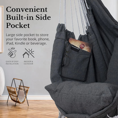 Hammock Chair Hanging Rope Swing, Max 500 Lbs, 2 Cushions Included, Large Macrame Hanging Chair with Pocket, Cotton Weave
