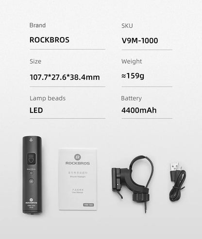 ROCKBROS 1000LM Bike Light Smart Vibration Light Sensing Bicycle Front Light IPX6 Type-C MTB Road Headlebar Cycling Headlights