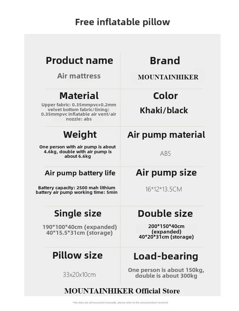 MOUNTAINHIKER Outdoor Inflatable Seating Mat Interior Air Mattress Mats Luxury Built-in Pump Thicken PVC Sleeping Bed Furniture