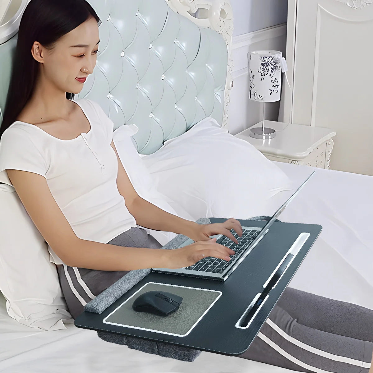 MUMUCC Portable Bed Table For Laptop Folding With Foldable Cushion,Handle,Slot And Mouse Pad, Wooden Gaming Desk