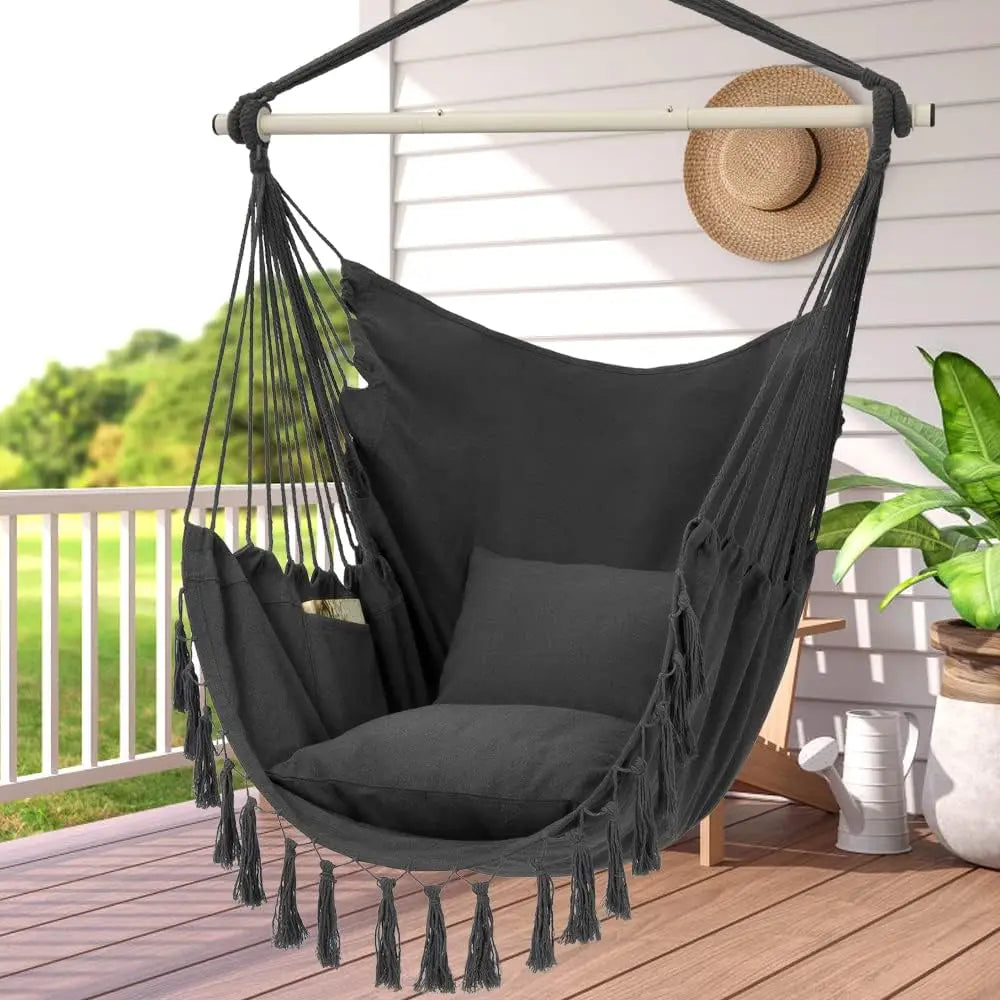 Hammock Chair Hanging Rope Swing, Max 500 Lbs, 2 Cushions Included, Large Macrame Hanging Chair with Pocket, Cotton Weave