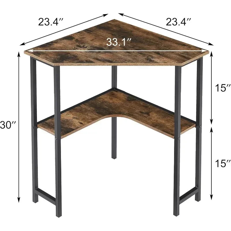 Small Corner Computer Desk 33 x 23 inches with Storage Shelves for Small Spaces,Triangular Shape,Brown