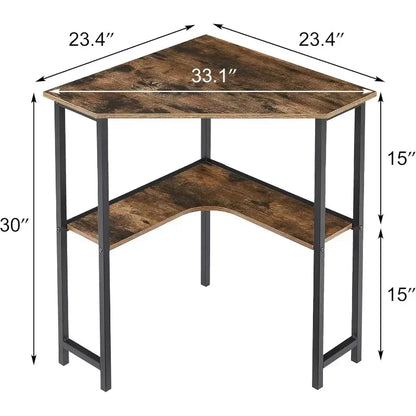 Small Corner Computer Desk 33 x 23 inches with Storage Shelves for Small Spaces,Triangular Shape,Brown