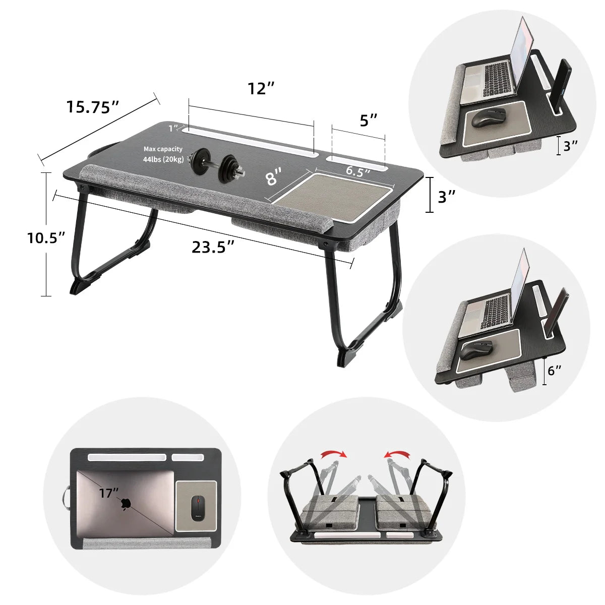 MUMUCC Portable Bed Table For Laptop Folding With Foldable Cushion,Handle,Slot And Mouse Pad, Wooden Gaming Desk