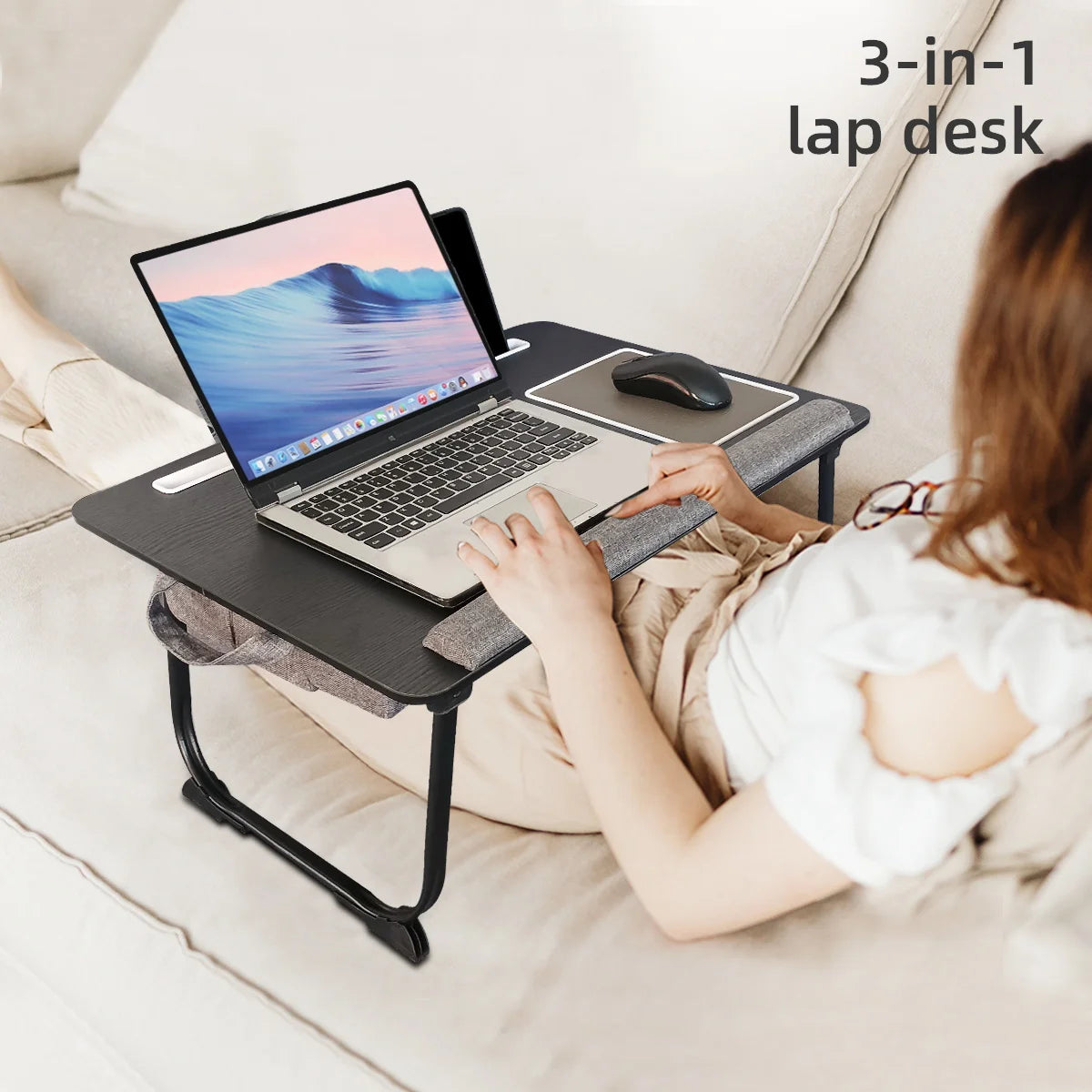 MUMUCC Portable Bed Table For Laptop Folding With Foldable Cushion,Handle,Slot And Mouse Pad, Wooden Gaming Desk
