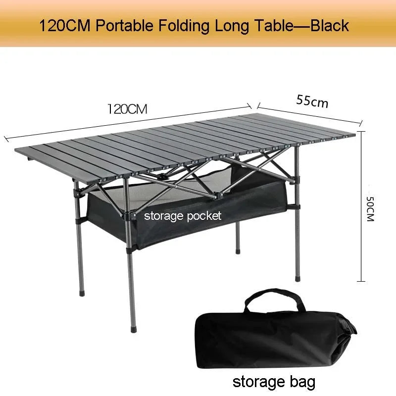 Outdoor Folding Long Table Easy To Install Portable Storage Black Camping Table Barbecue With Net Bag Light Stable Desk Table