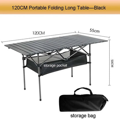 Outdoor Folding Long Table Easy To Install Portable Storage Black Camping Table Barbecue With Net Bag Light Stable Desk Table