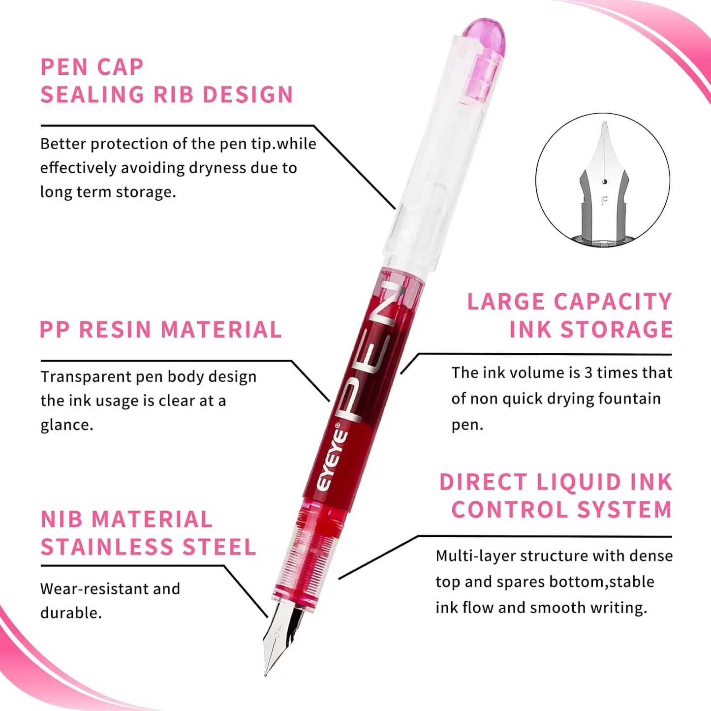 Disposable Fountain Pens, Straight Liquid Fountain Pens，for WritingQuick-Drying Ink Pen, Smooth-Writing Multicolor Art Supplies
