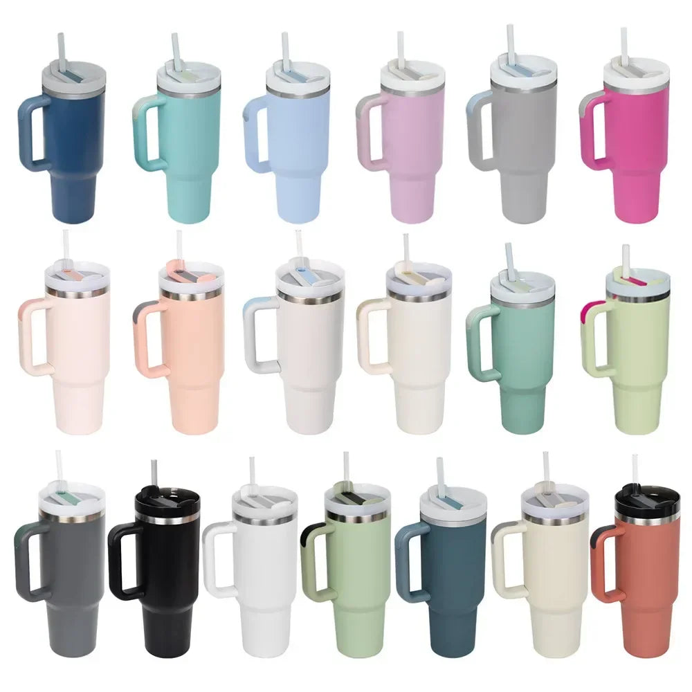 Tumbler with Handle Lid Straw 40oz Stainless Steel Water Bottle Vacuum Thermos Cup Travel Car Thermal Coffee Mug Cap Sport