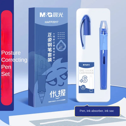 M&G Student Erasable Fountain Pen Set 1 Fountain Pen 1 Ink Absorber 6 Ink Bladder 3.4 Caliber Children's Practice Pen Blue/Pink