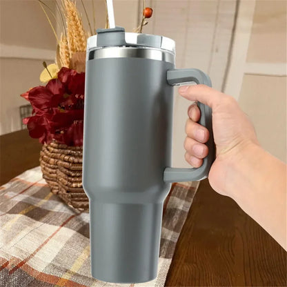 Tumbler with Handle Lid Straw 40oz Stainless Steel Water Bottle Vacuum Thermos Cup Travel Car Thermal Coffee Mug Cap Sport