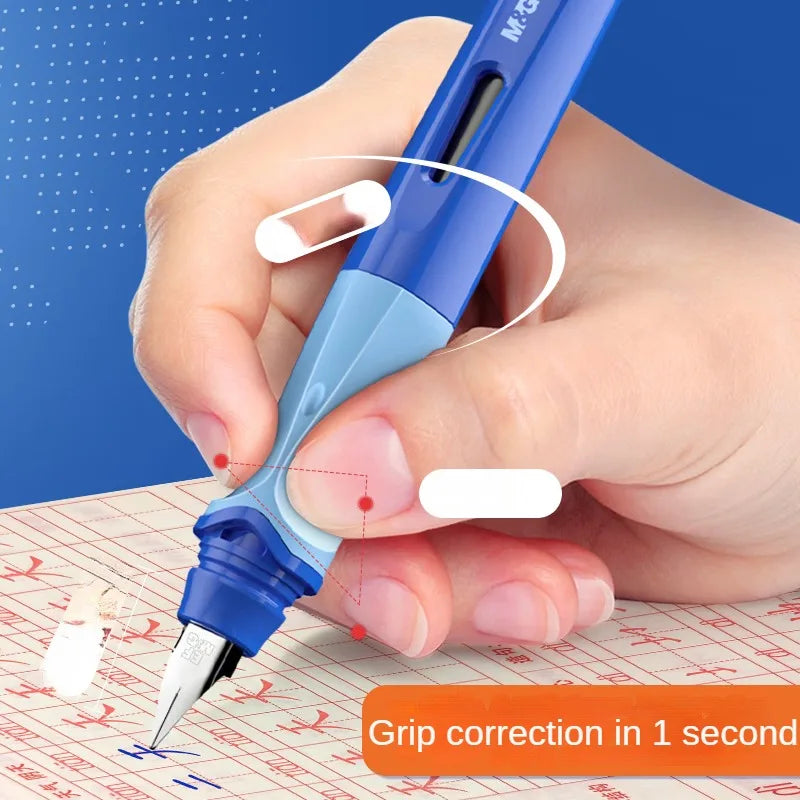 M&G Student Erasable Fountain Pen Set 1 Fountain Pen 1 Ink Absorber 6 Ink Bladder 3.4 Caliber Children's Practice Pen Blue/Pink