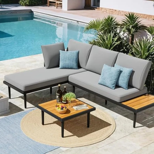 Devoko Outdoor Sectional Furniture Patio Sectional Sofa with Acacia Wood Table, Patio L-Shaped Conversation Set with All-Weather