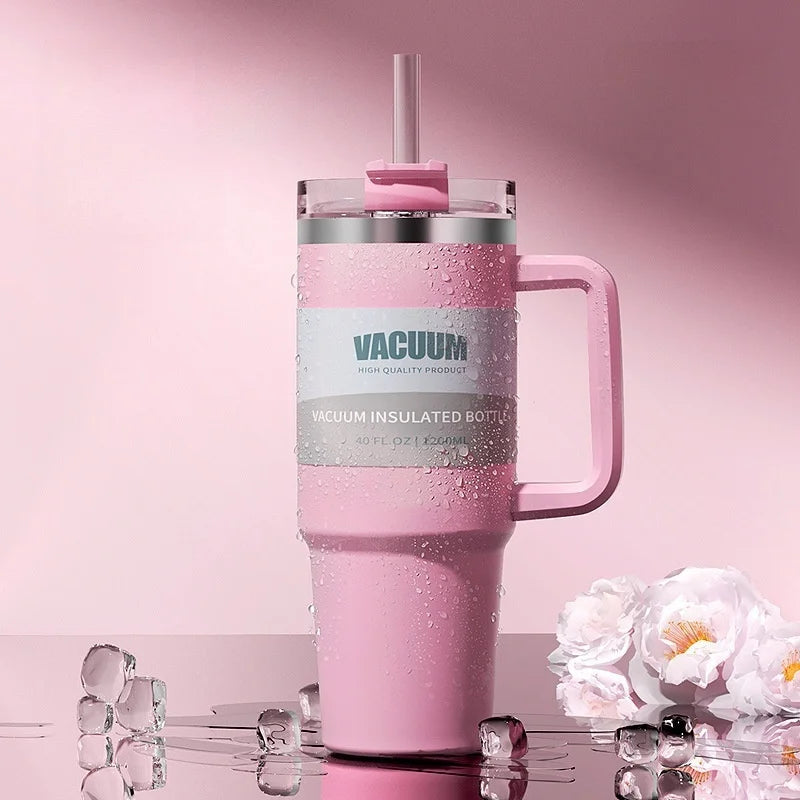 40oz 1200ML double-layer insulated tumbler cold drink travel cup coffee cup A handled and strawed insulated tumbler Ice Cup