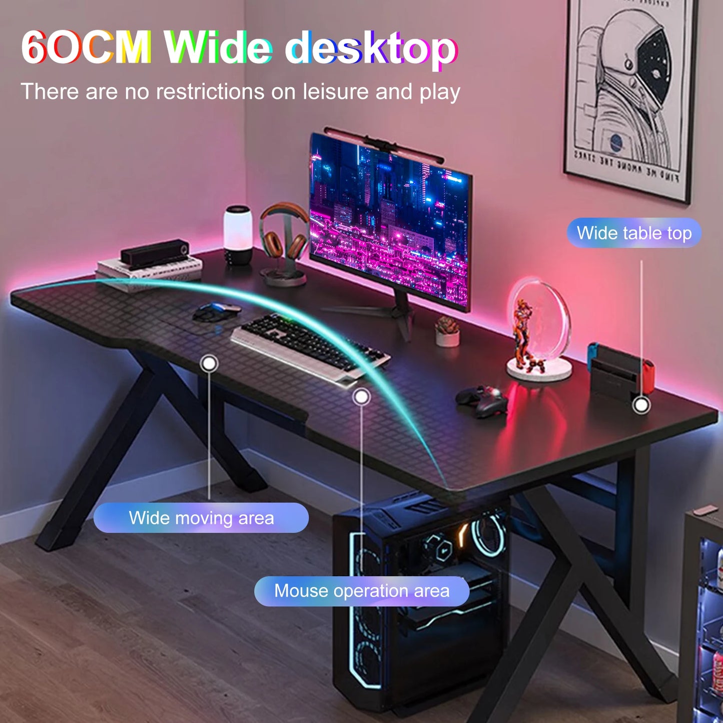 Gaming Desk PC Computer Game Table with X-shaped Steel Legs Sturdy Workstation Standing Desk for Home Office with Cable Holes