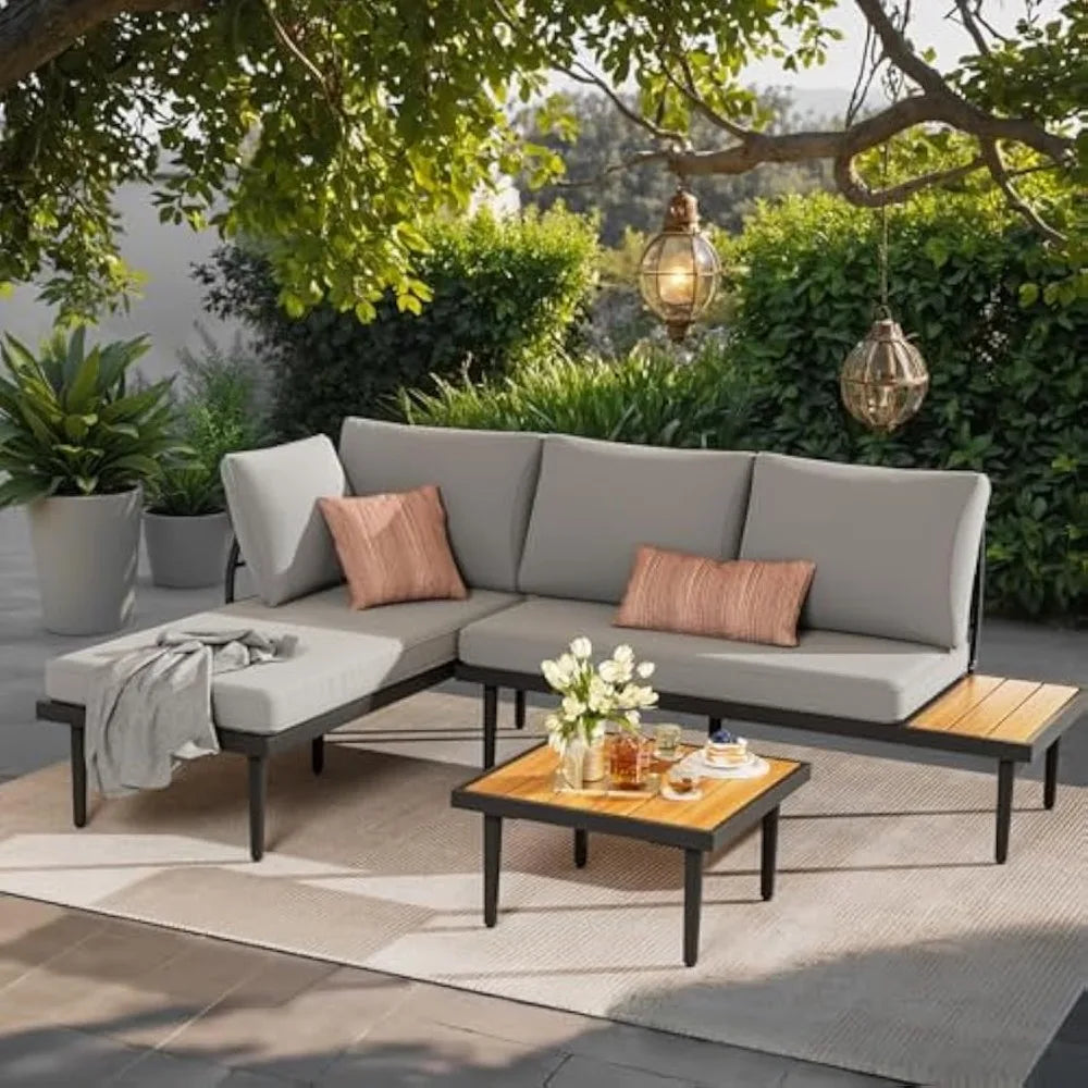 Devoko Outdoor Sectional Furniture Patio Sectional Sofa with Acacia Wood Table, Patio L-Shaped Conversation Set with All-Weather