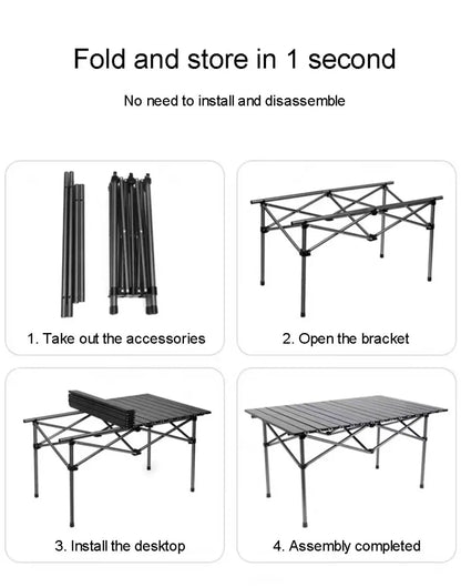 Outdoor Folding Long Table Easy To Install Portable Storage Black Camping Table Barbecue With Net Bag Light Stable Desk Table