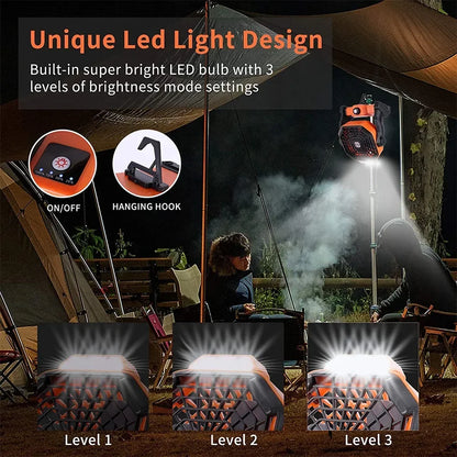 2024 New Portable Electric Fan With Led Light Tent Car Camping Hook&USB&Solar Charging For Hiking Fishing Picnic Emergency