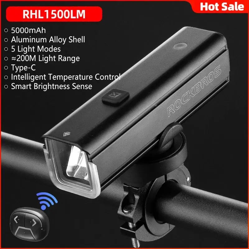 ROCKBROS Bike Light 1500LM5000mAh Type-C Bicycle Light Temperature Control  IPX6 Aluminum LED Light Front Lamp Cycling Headlight