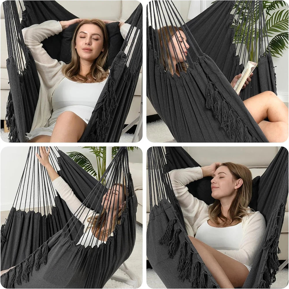 Hammock Chair Hanging Rope Swing, Max 500 Lbs, 2 Cushions Included, Large Macrame Hanging Chair with Pocket, Cotton Weave