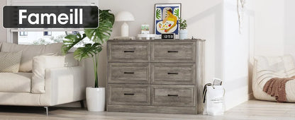 Dresser for Bedroom, 6 Drawer Wide Dresser Organizer with Charging Station, Dresser for Hallway, Wood Dresser with Metal Handles