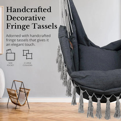 Hammock Chair Hanging Rope Swing, Max 500 Lbs, 2 Cushions Included, Large Macrame Hanging Chair with Pocket, Cotton Weave