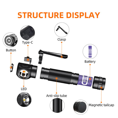 Latest SUPERFIRE High Power Headlamp LED USB Rechargeable 90°Headlight Torch Mini Waterproof Indicator Magnet Tail Flashlight