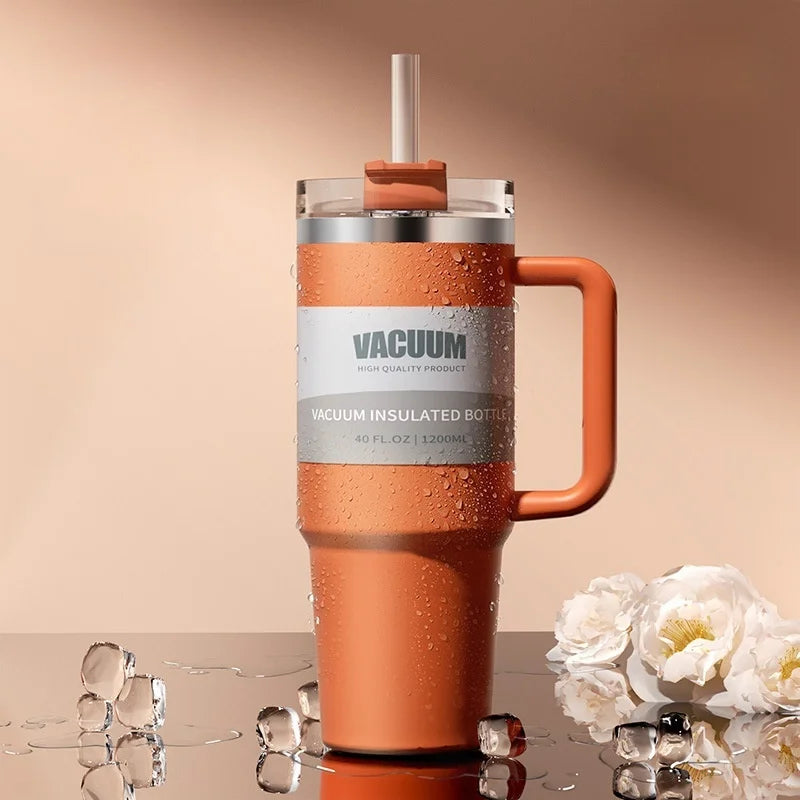 40oz 1200ML double-layer insulated tumbler cold drink travel cup coffee cup A handled and strawed insulated tumbler Ice Cup