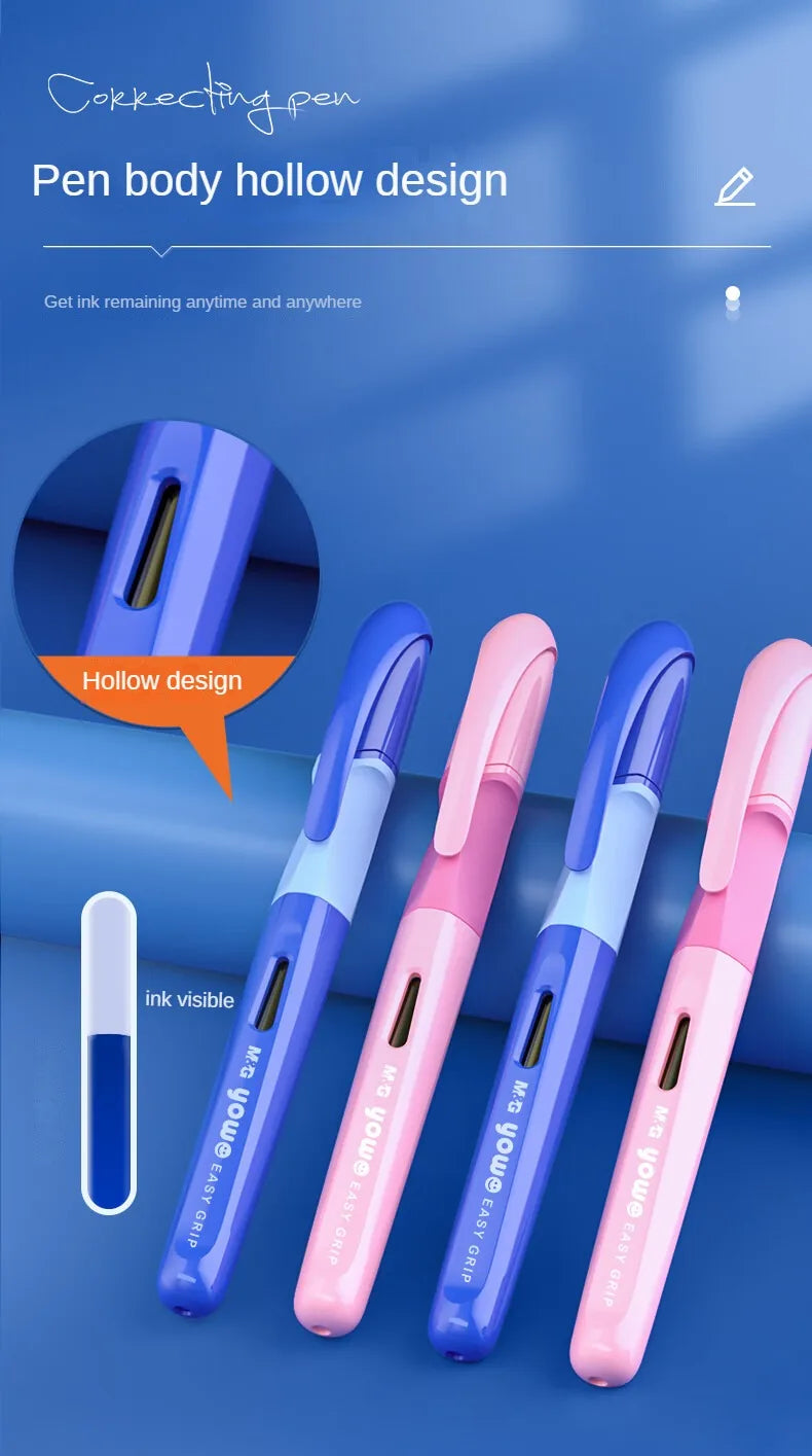 M&G Student Erasable Fountain Pen Set 1 Fountain Pen 1 Ink Absorber 6 Ink Bladder 3.4 Caliber Children's Practice Pen Blue/Pink