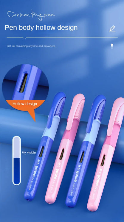 M&G Student Erasable Fountain Pen Set 1 Fountain Pen 1 Ink Absorber 6 Ink Bladder 3.4 Caliber Children's Practice Pen Blue/Pink