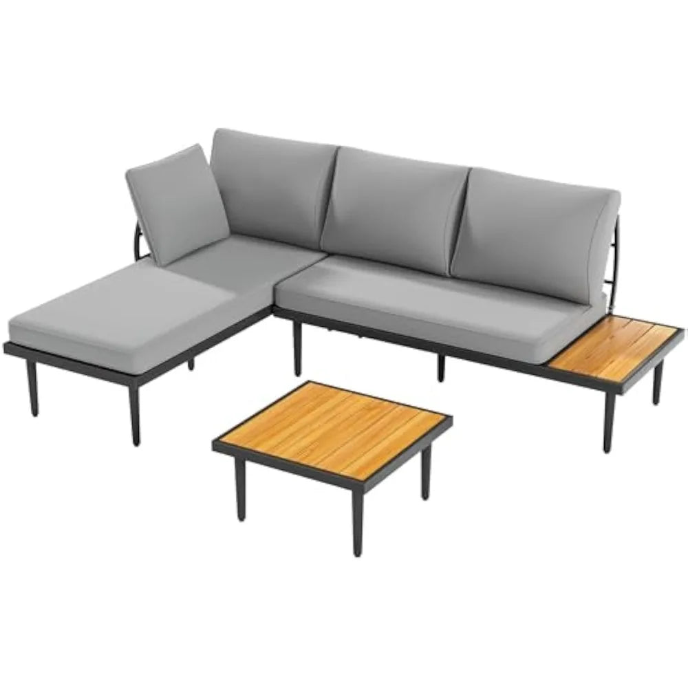 Devoko Outdoor Sectional Furniture Patio Sectional Sofa with Acacia Wood Table, Patio L-Shaped Conversation Set with All-Weather