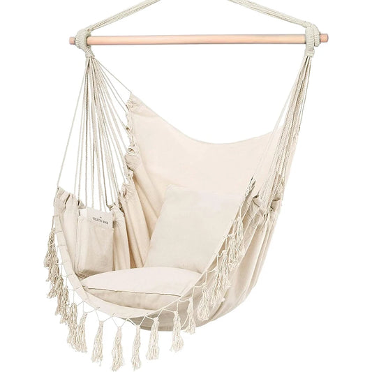 Hammock Chair Hanging Rope Swing, Max 500 Lbs, 2 Cushions Included, Large Macrame Hanging Chair with Pocket, Cotton Weave