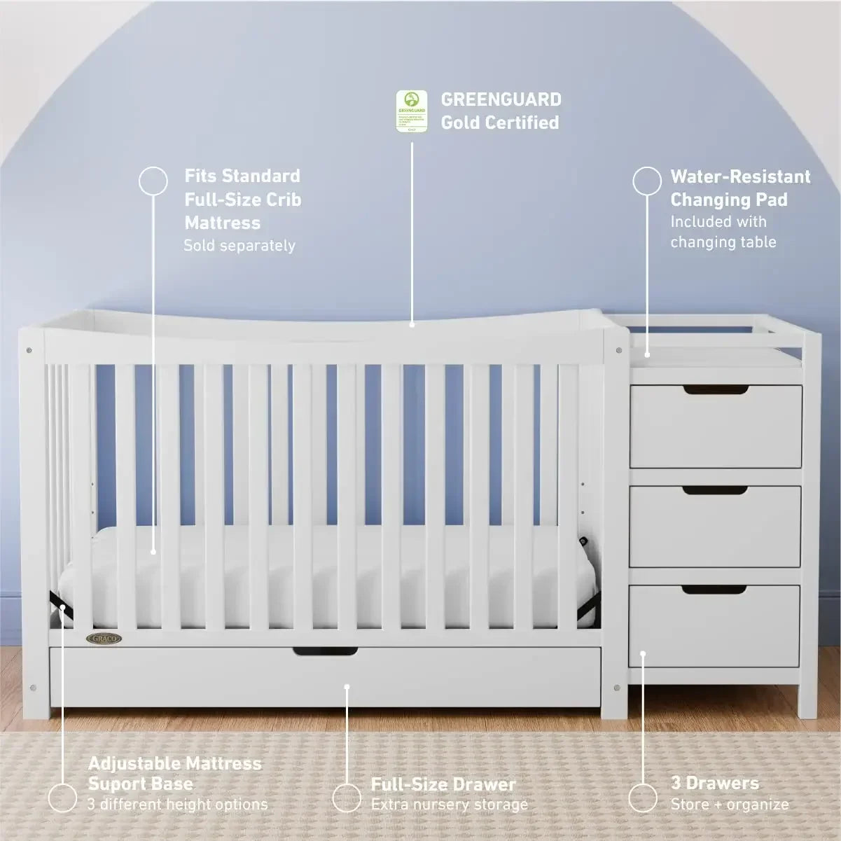 Graco Remi 4-In-1 Convertible Crib & Changer With Drawer (White) – GREENGUARD Gold Certified, Crib And Changing-Table Combo