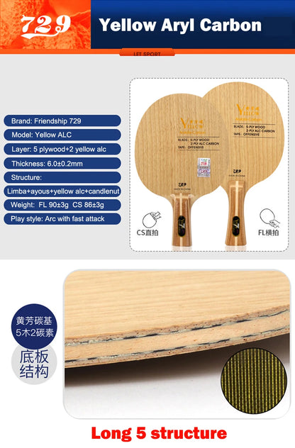 Original 729 Friendship Yellow ALC Table Tennis Blade 5 Wood 2 Arylate Carbon Professional Ping Pong Blade Blue ALC Offensive