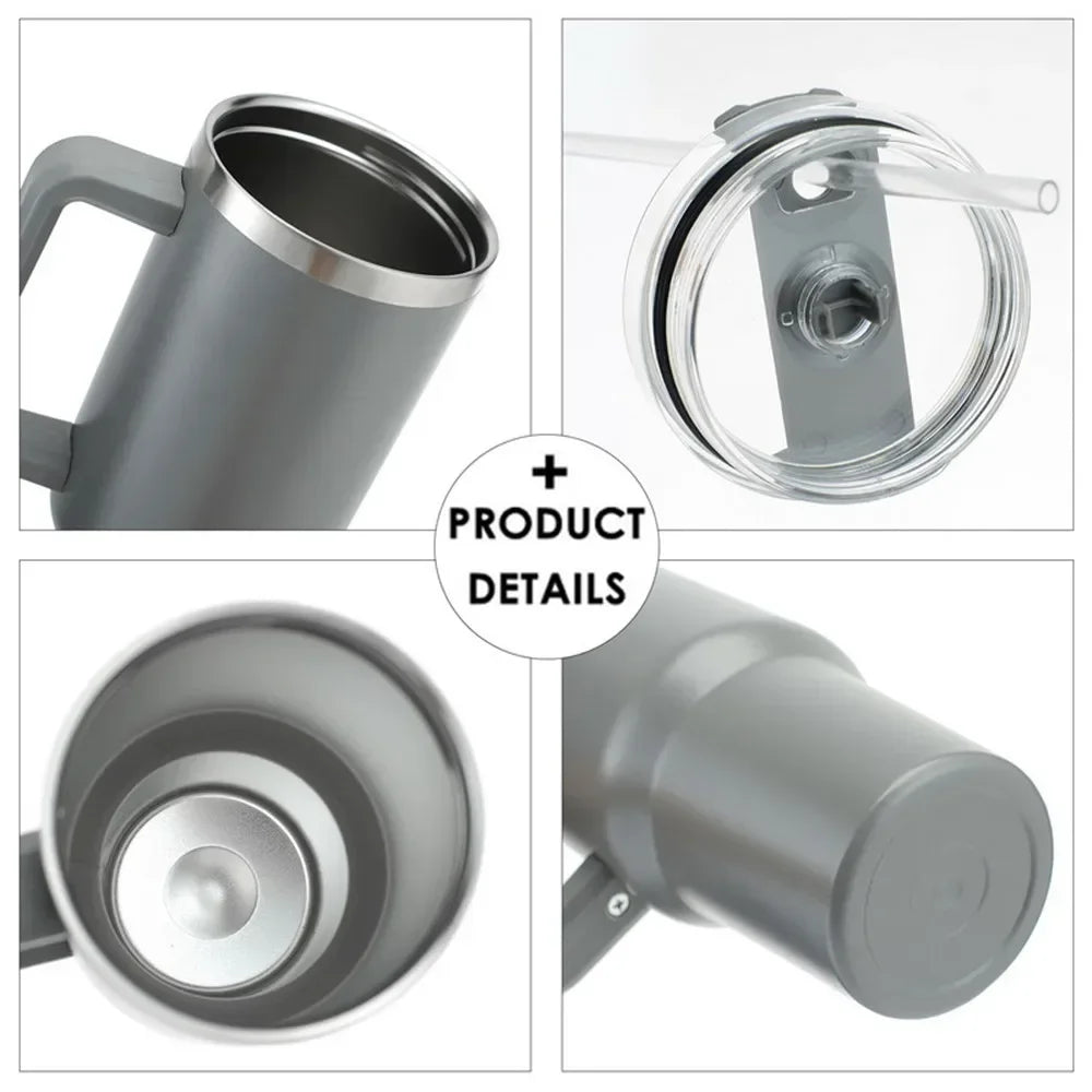 Tumbler with Handle Lid Straw 40oz Stainless Steel Water Bottle Vacuum Thermos Cup Travel Car Thermal Coffee Mug Cap Sport