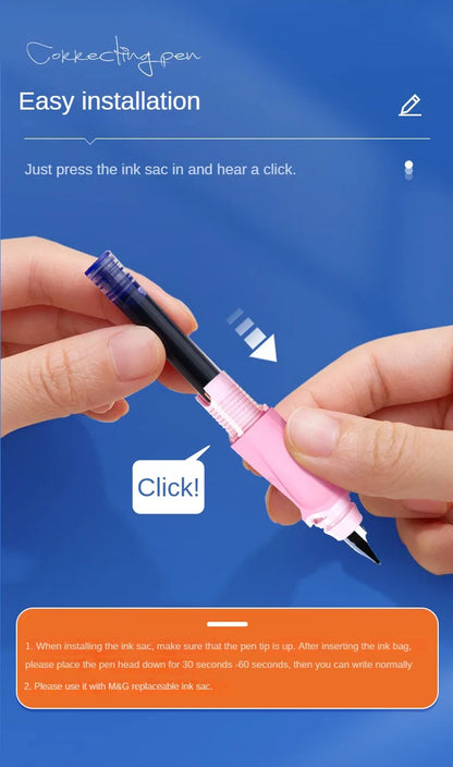 M&G Student Erasable Fountain Pen Set 1 Fountain Pen 1 Ink Absorber 6 Ink Bladder 3.4 Caliber Children's Practice Pen Blue/Pink
