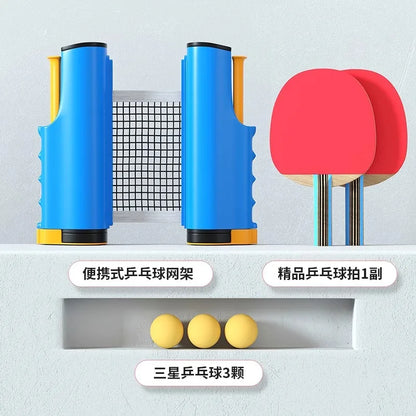 Portable Table Tennis Training Set, Includes Blue Retractable Ball Net, 2 Table Tennis Rackets, and 3 Table Tennis Balls