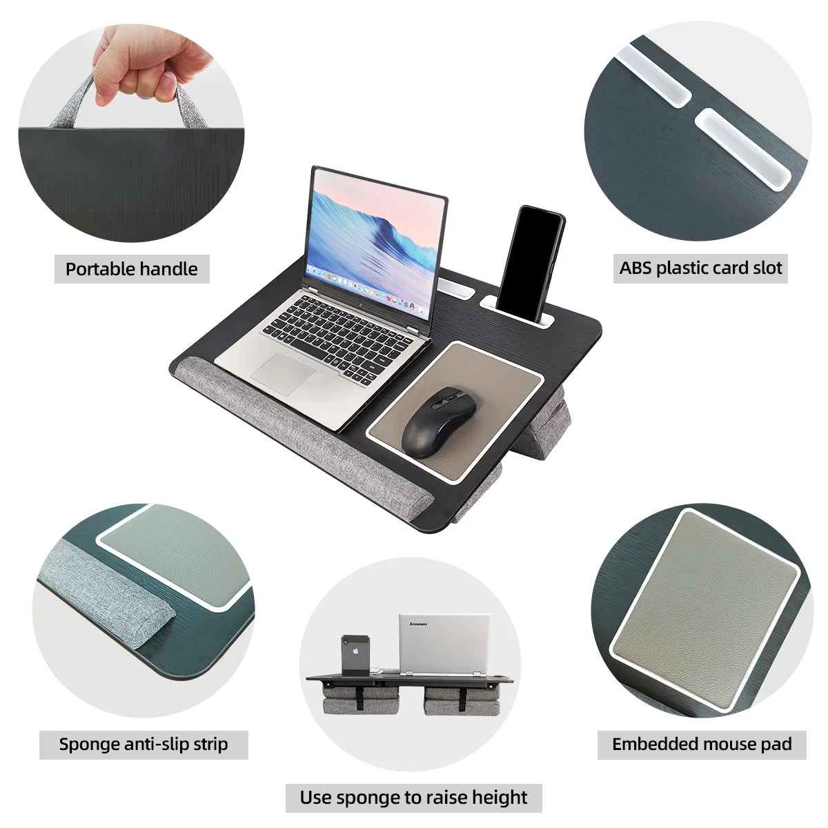 MUMUCC Portable Bed Table For Laptop Folding With Foldable Cushion,Handle,Slot And Mouse Pad, Wooden Gaming Desk