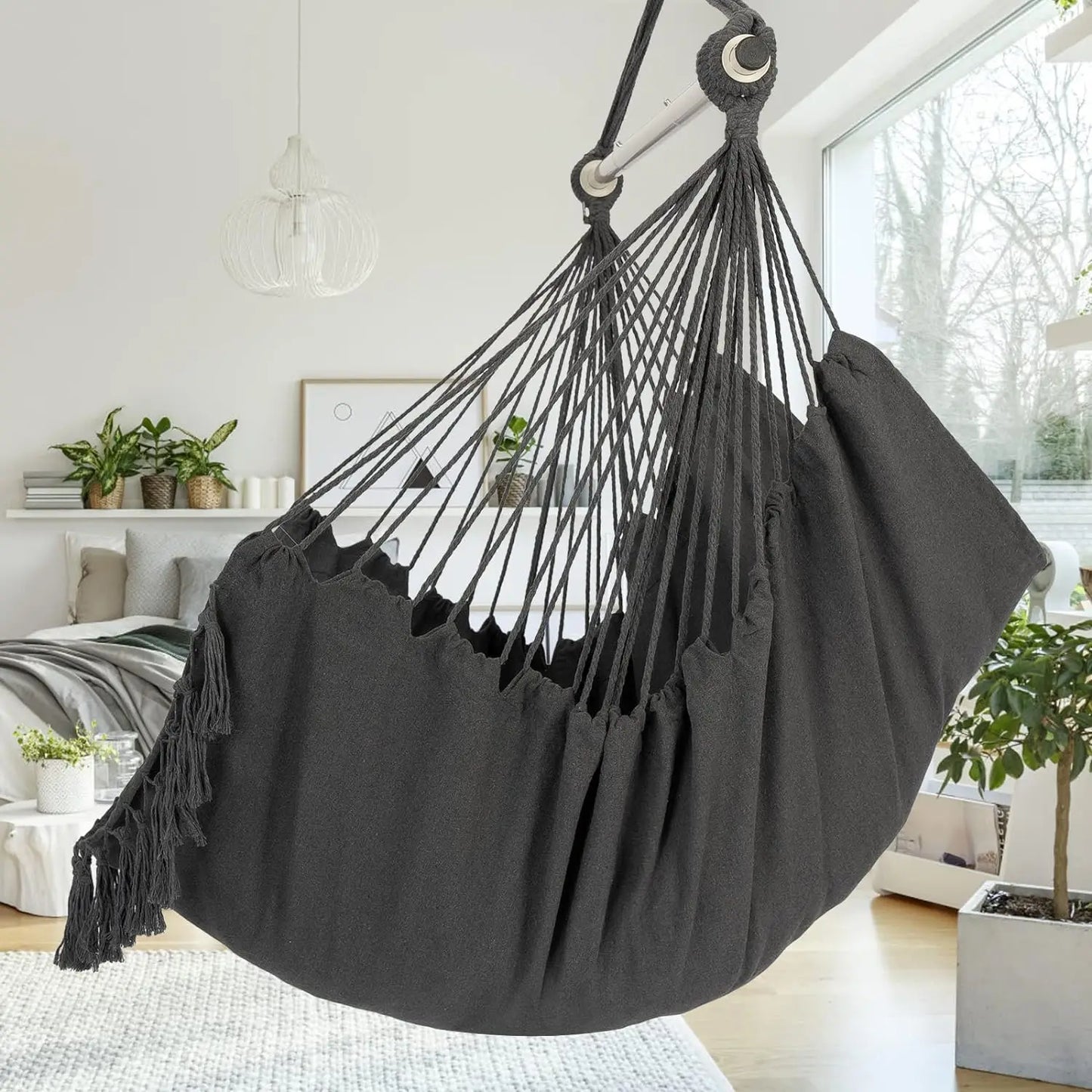 Hammock Chair Hanging Rope Swing, Max 500 Lbs, 2 Cushions Included, Large Macrame Hanging Chair with Pocket, Cotton Weave
