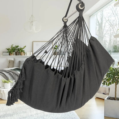 Hammock Chair Hanging Rope Swing, Max 500 Lbs, 2 Cushions Included, Large Macrame Hanging Chair with Pocket, Cotton Weave