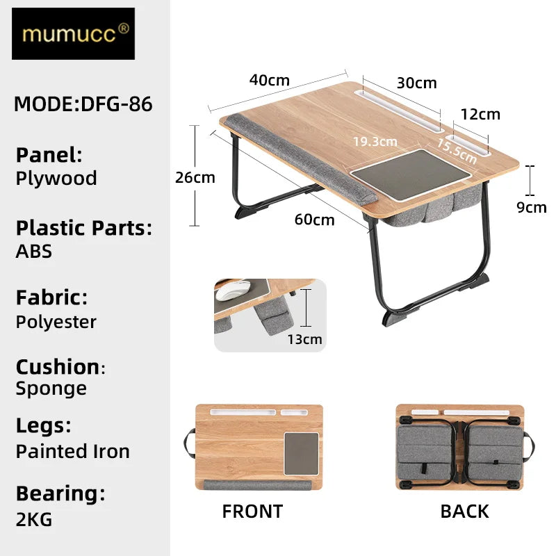 MUMUCC Portable Bed Table For Laptop Folding With Foldable Cushion,Handle,Slot And Mouse Pad, Wooden Gaming Desk