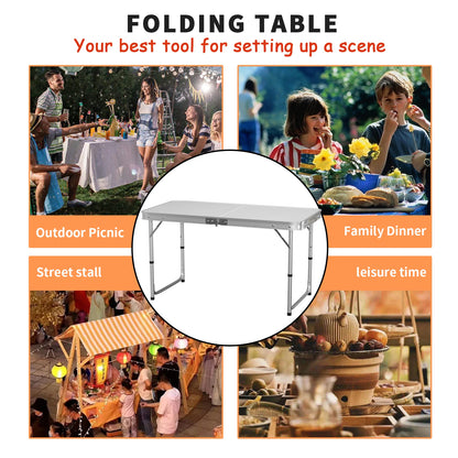Folding outdoor camping table portable table adjustable height with carry handle folding picnic table white 120x60 cm