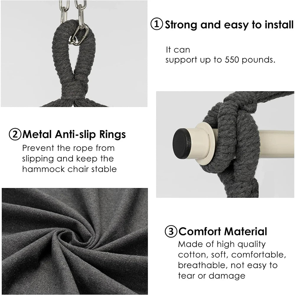 Hammock Chair Hanging Rope Swing, Max 500 Lbs, 2 Cushions Included, Large Macrame Hanging Chair with Pocket, Cotton Weave