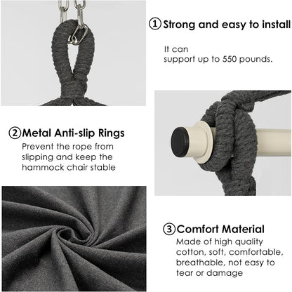 Hammock Chair Hanging Rope Swing, Max 500 Lbs, 2 Cushions Included, Large Macrame Hanging Chair with Pocket, Cotton Weave
