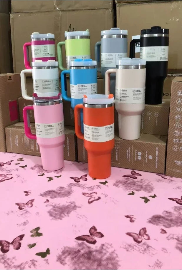 New Style Tumbler with Handle & Straw 40 oz Twist On 3Way Lid Cupholder Compatible for Travel Insulated Stainless Steel Cup