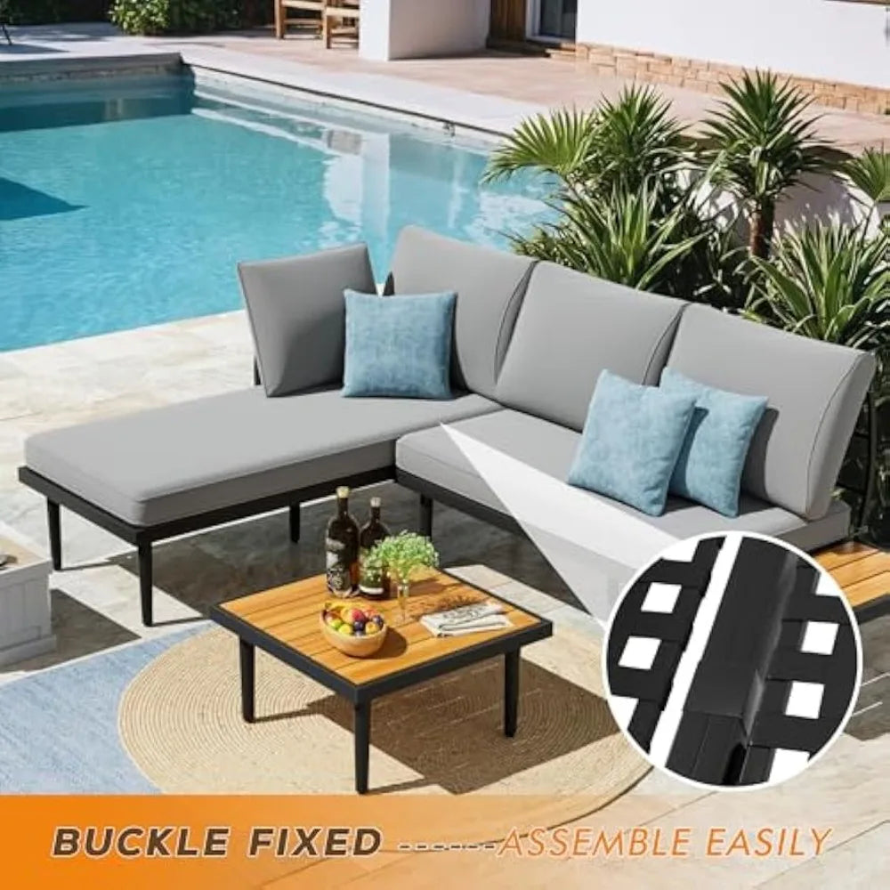 Devoko Outdoor Sectional Furniture Patio Sectional Sofa with Acacia Wood Table, Patio L-Shaped Conversation Set with All-Weather