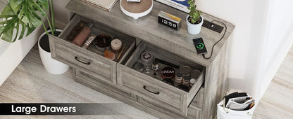 Dresser for Bedroom, 6 Drawer Wide Dresser Organizer with Charging Station, Dresser for Hallway, Wood Dresser with Metal Handles